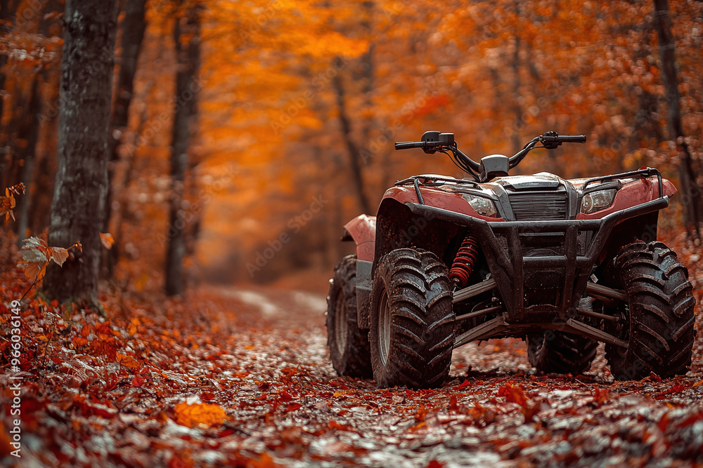 an ATV positioned on a quiet forest trail during autumn, with fallen leaves carpeting the path and trees in the background an ATV positioned on a quiet forest trail during autumn, with fallen leaves carpeting the path and trees in the background
