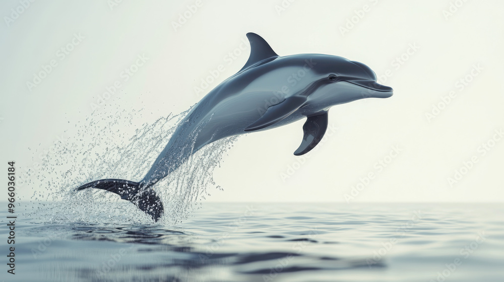 Fototapeta premium A serene 3D dolphin leaping out of water, captured mid-air on a transparent background.
