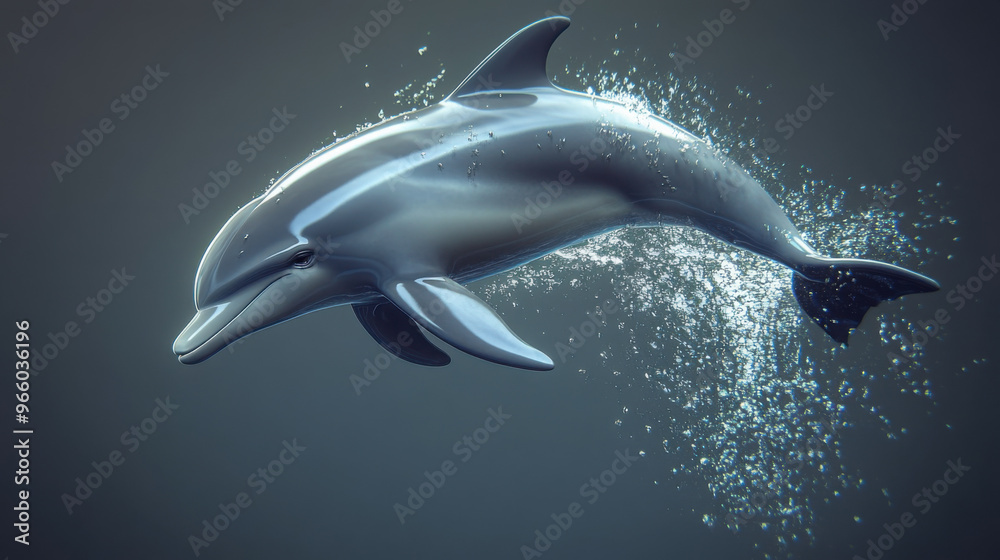 Fototapeta premium A serene 3D dolphin leaping out of water, captured mid-air on a transparent background.