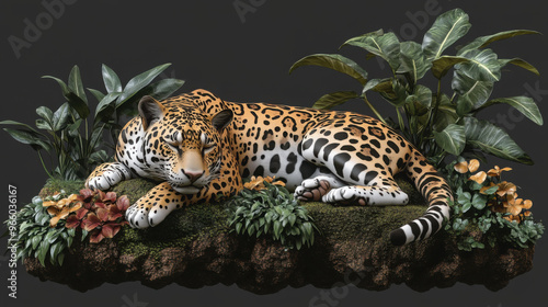 A calm 3D illustration of a resting jaguar in a jungle setting, cut out on a transparent background. photo