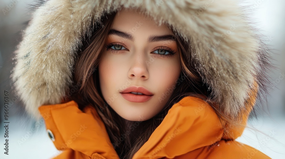 Fashionable woman in orange parka with fur hood outdoors winter Fashionable woman in orange parka with fur hood outdoors winter