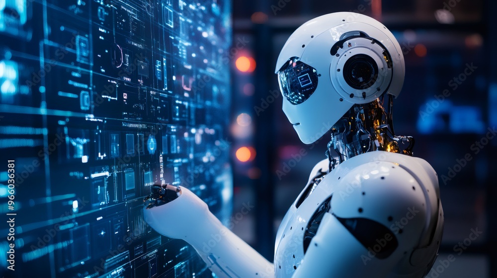 A white humanoid robot with blue glowing eyes interacts with a large digital display full of information and data. A white humanoid robot with blue glowing eyes interacts with a large digital display full of information and data.