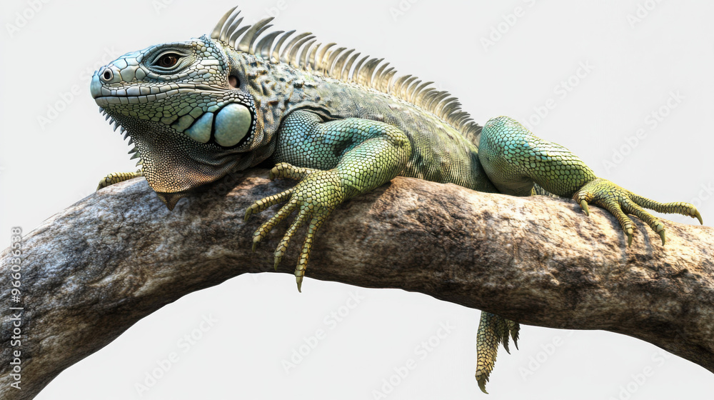 Fototapeta premium A peaceful 3D iguana basking on a branch, with detailed texture, set on a transparent background.