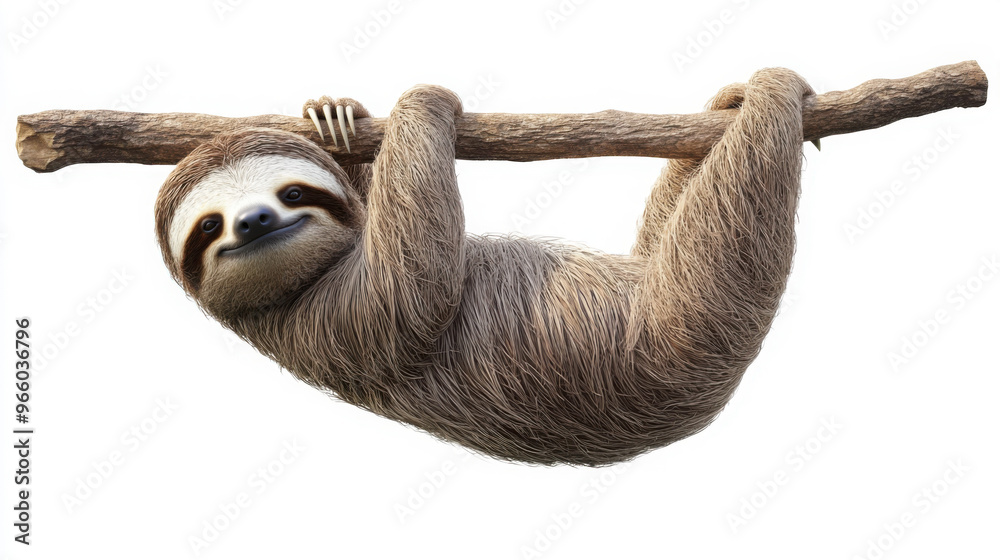 Fototapeta premium A peaceful 3D illustration of a sloth hanging from a branch, set against a transparent background.