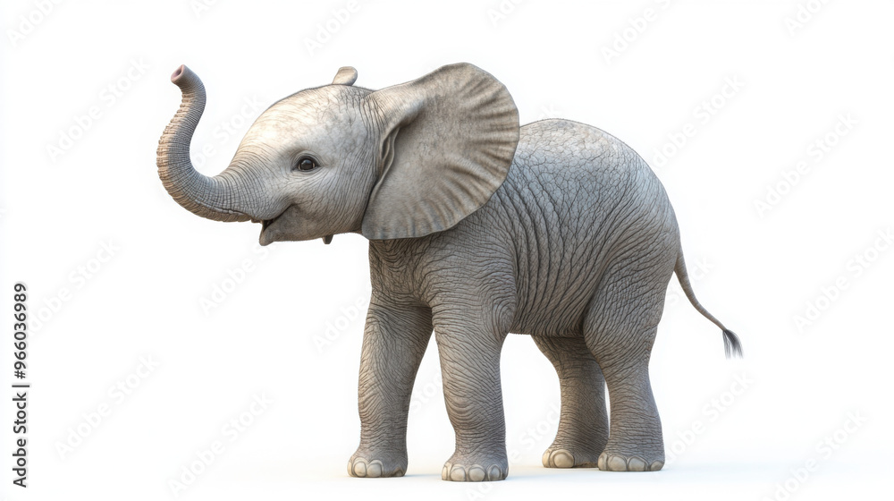 Fototapeta premium A serene 3D elephant calf with its trunk raised, standing against a transparent background.