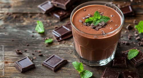 Creamy mint chocolate milkshake garnished with mint leaves and chocolate shav...