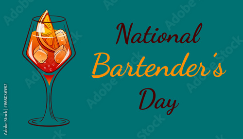 National Bartenders Day banner with cocktail Aperol Spritz, orange slice and ice cubes. December 2 Holiday. Template for background, card, poster.