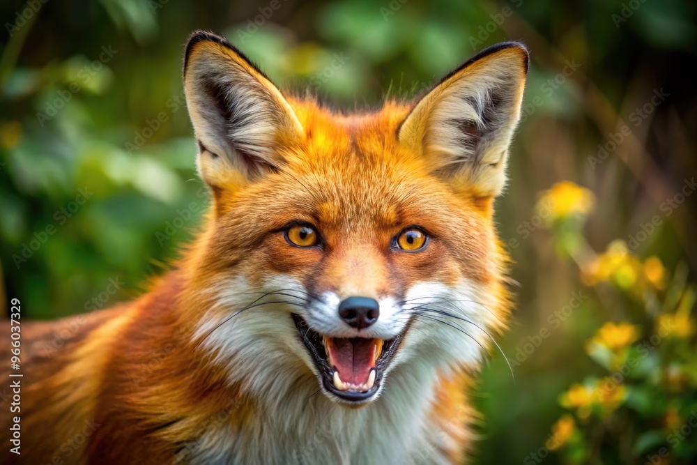A vibrant orange-red fox with a fluffy bushy tail and piercing yellow eyes opens its mouth to reveal sharp white teeth in a playful snarl. A vibrant orange-red fox with a fluffy bushy tail and piercing yellow eyes opens its mouth to reveal sharp white teeth in a playful snarl.
