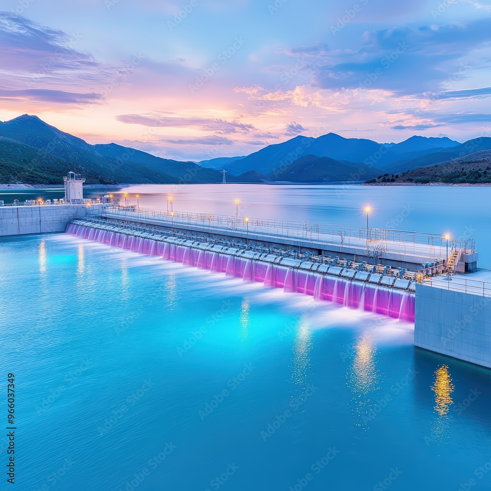 Stunning sunset view of a dam with vibrant lights reflecting on calm water, surrounded by majestic mountains. Stunning sunset view of a dam with vibrant lights reflecting on calm water, surrounded by majestic mountains.