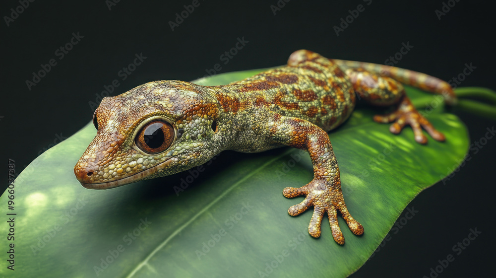 Naklejka premium A 3D-rendered gecko with detailed skin texture, resting on a leaf on a transparent background.