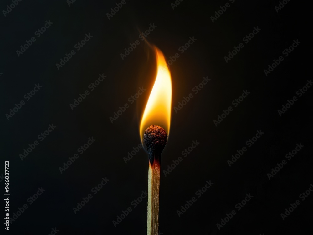 Solitary Flame: Minimalistic Burning Matchstick in Dramatic Light and Shadow Solitary Flame: Minimalistic Burning Matchstick in Dramatic Light and Shadow