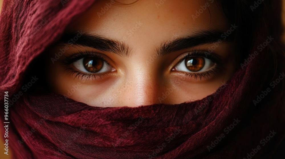 Closeup of the dark brown eyes of a girl with her face wrapped in a burgundy scarf generative ai Closeup of the dark brown eyes of a girl with her face wrapped in a burgundy scarf generative ai