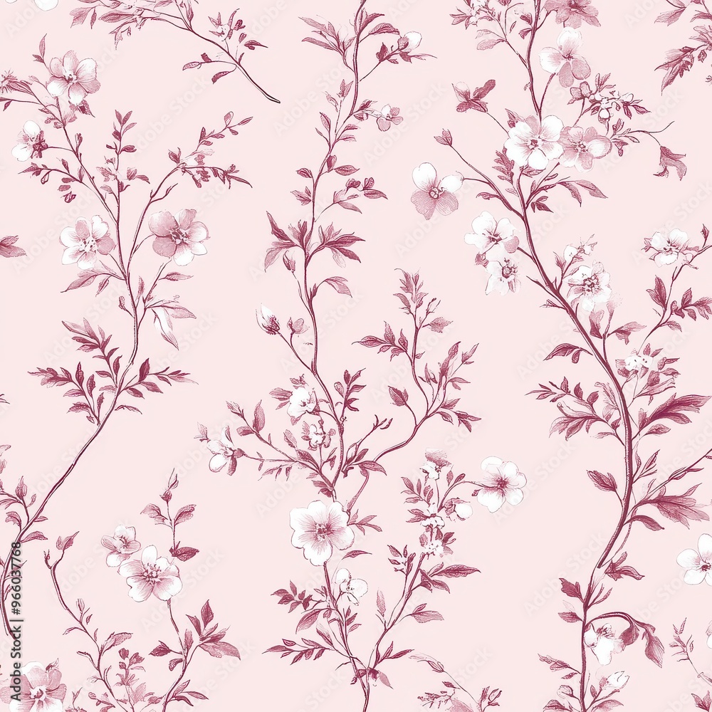 Obraz premium Pink Pattern With Tender Flowers and Thin Branches. Floral Print. Indulge in timeless elegance with our exquisite Floral Seamless Pattern.