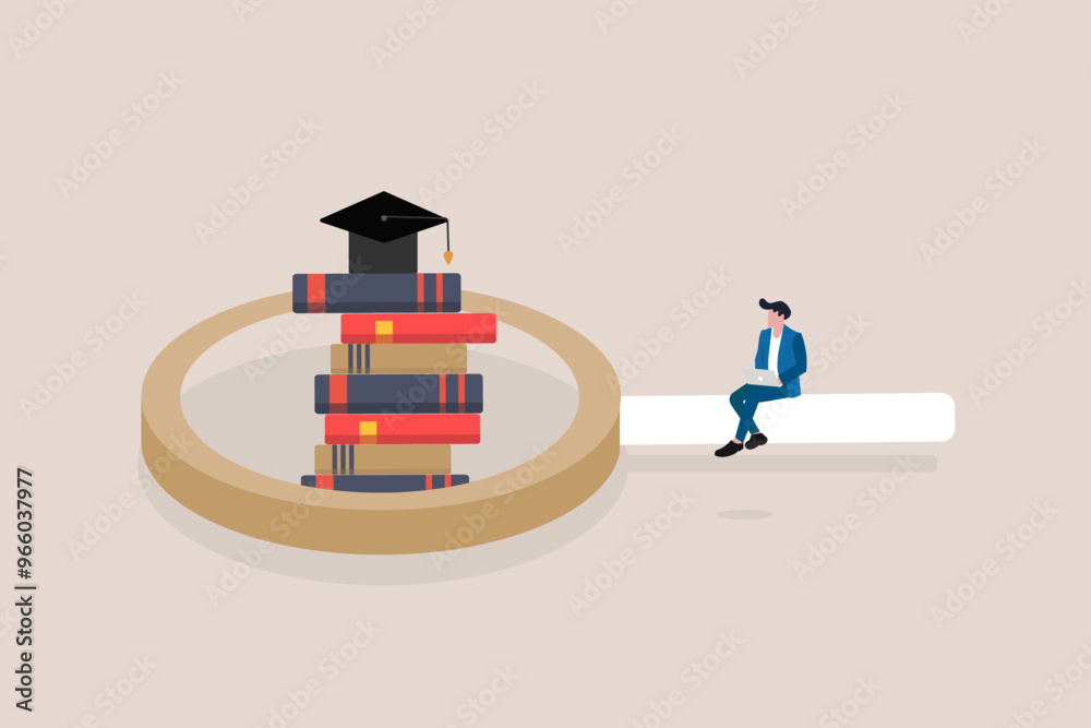 Businessman sit on magnifying glass. concept of Growth education training, learning and self development, ambitions. Knowledge and information Businessman sit on magnifying glass. concept of Growth education training, learning and self development, ambitions. Knowledge and information
