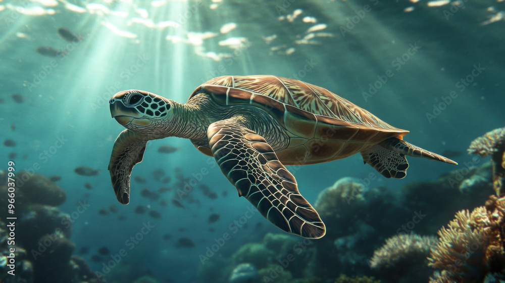 Obraz premium A sea turtle gliding gracefully over a coral bed, with sunlight filtering through the water.