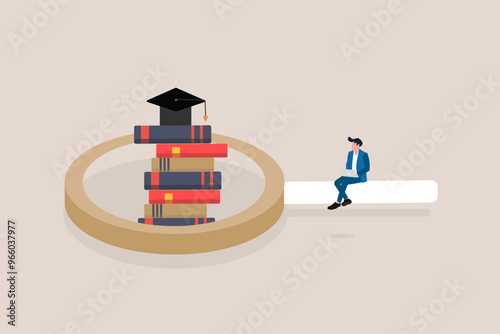 Businessman sit on magnifying glass. concept of Growth education training, learning and self development, ambitions. Knowledge and information