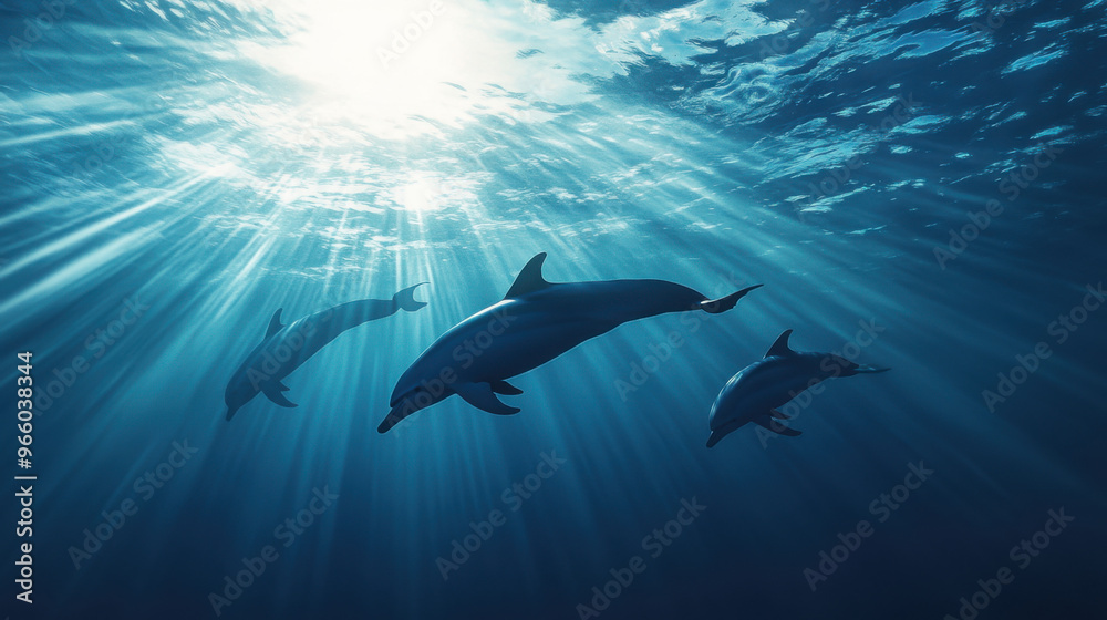 Fototapeta premium A serene dolphin pod swimming together in the deep blue ocean, with sunlight streaming through.