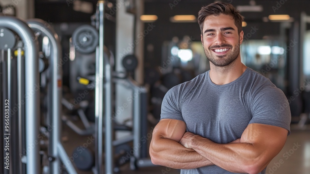 confident athlete with muscular arms and a gray t-shirt standing in a modern gym smiling amidst fitness equipment and workout gear