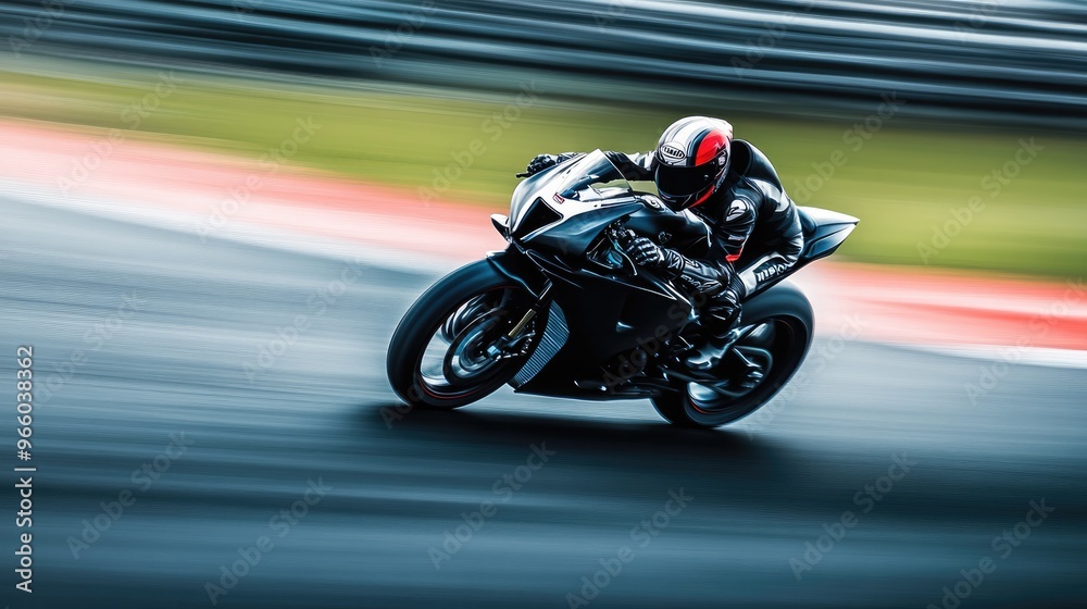A high-speed motorcycle racing around a sharp curve on a racetrack, with motion blur in the background. A high-speed motorcycle racing around a sharp curve on a racetrack, with motion blur in the background.
