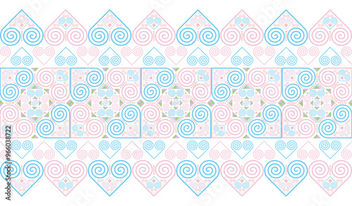 The Hmong ethnic fabric pattern is a spiral line pattern that intertwines in the shape of a heart, which is a unique symbol of the Hmong ethnic group. It can be used to design clothes, bags, and other