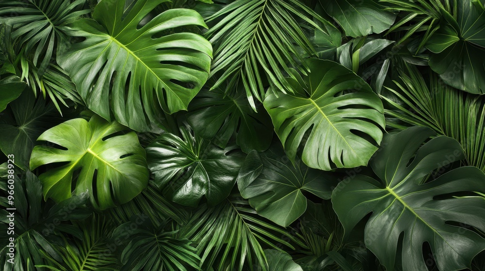 Lush green tropical foliage forms a vibrant, dense background evoking the essence of an exotic paradise. Lush green tropical foliage forms a vibrant, dense background evoking the essence of an exotic paradise.