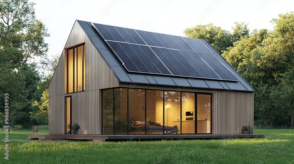 Modern House with Solar Panels on the Roof - AI generated illustration Modern House with Solar Panels on the Roof - AI generated illustration