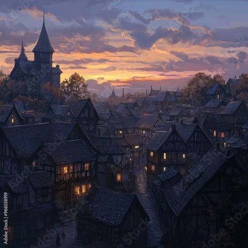 A serene view of a quiet village skyline in the evening. The buildings stand tall against the fading light. The sky is a beautiful blend of colors as the sun sets. The village seems to be at peace. Th