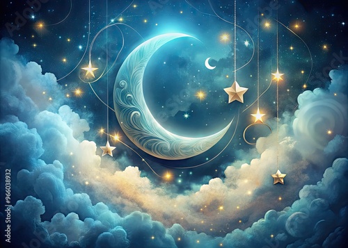 A whimsical illustration of a crescent moon surrounded by swirling clouds, stars, and delicate lines, evoking a sense of dreamy, ethereal wonder. photo