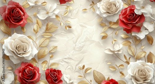 Elegant arrangement of red and white roses with gold accents on a floral back...