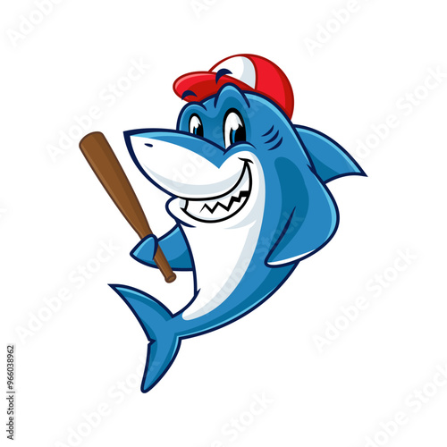 Cartoon shark wearing a baseball cap and holding a bat. Perfect for sports logos, children's books, and merchandise.