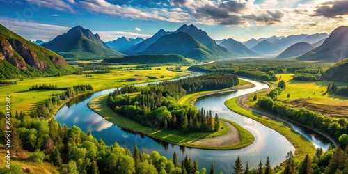 A Winding River Curves Through A Picturesque Landscape, Surrounded By Lush Greenery And Distant Mountains photo