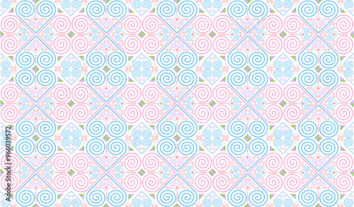 The Hmong ethnic fabric pattern is a spiral line pattern that intertwines in the shape of a heart, which is a unique symbol of the Hmong ethnic group. It can be used to design clothes, bags, and other