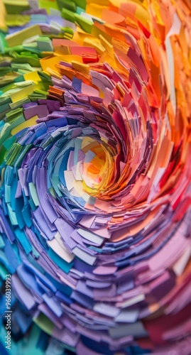 Colorful swirling artwork made of plastic pieces, showcasing vibrant hues and...