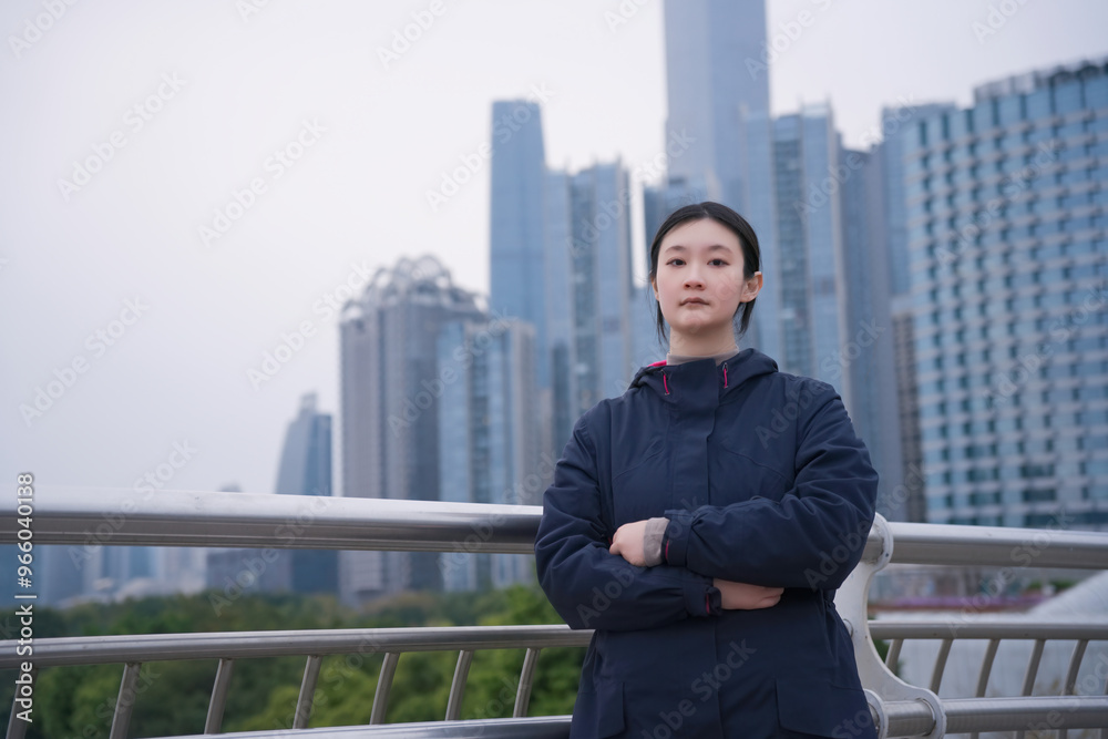 Confident Individual Against a Modern City Skyline Background Confident Individual Against a Modern City Skyline Background