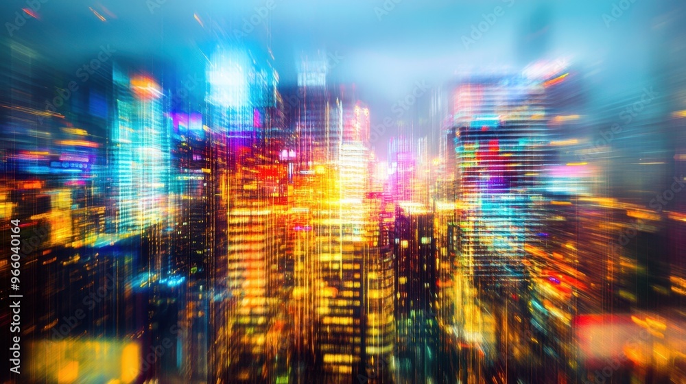Blurred city lights create an abstract urban background full of vibrant colors and dynamic motion. Blurred city lights create an abstract urban background full of vibrant colors and dynamic motion.