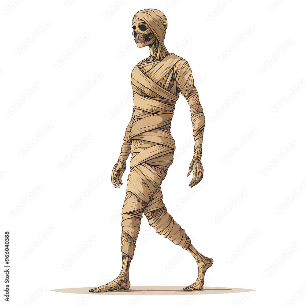 A cartoon-style mummy walking, wrapped in bandages, embodying a classic Halloween character, perfect for festive themes. A cartoon-style mummy walking, wrapped in bandages, embodying a classic Halloween character, perfect for festive themes.