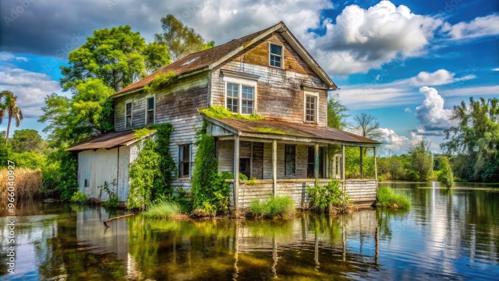 Abandoned waterfront house with peeling paint and overgrown garden, surrounded by floodwaters, highlighting renovation challenges in high-risk flood zone environments. Abandoned waterfront house with peeling paint and overgrown garden, surrounded by floodwaters, highlighting renovation challenges in high-risk flood zone environments.