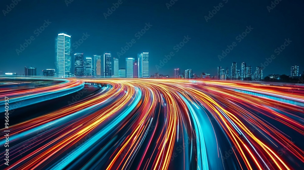 Fototapeta premium AI traffic analytics, digital visualization, urban skyline, glowing data streams