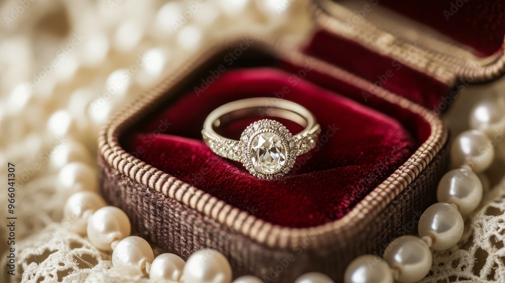 A beautiful diamond engagement ring displayed in a velvet-lined box, surrounded by elegant pearls. A beautiful diamond engagement ring displayed in a velvet-lined box, surrounded by elegant pearls.