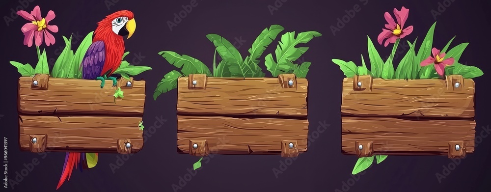 An illustrated jungle game sign boards mega set in cartoon graphic design. It consists of empty wooden signs and pointers with leaves and parrots. Modern illustration isolated objects. An illustrated jungle game sign boards mega set in cartoon graphic design. It consists of empty wooden signs and pointers with leaves and parrots. Modern illustration isolated objects.