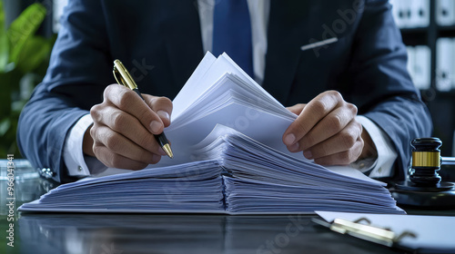 A lawyers hands are seen flipping through stack of documents, showcasing diligence photo