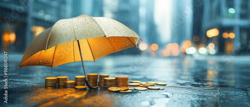 Stack of Coins Under Umbrella, symbolizing investment and financial growth