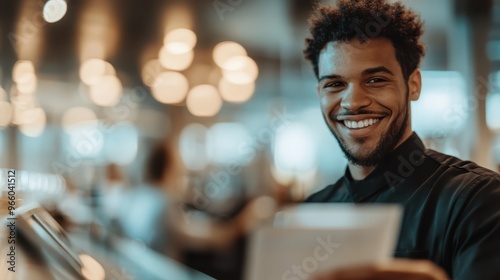 A barista with a friendly smile holds a piece of paper while standing in a warmly lit, blurred indoor setting, exuding hospitality and positive energy.