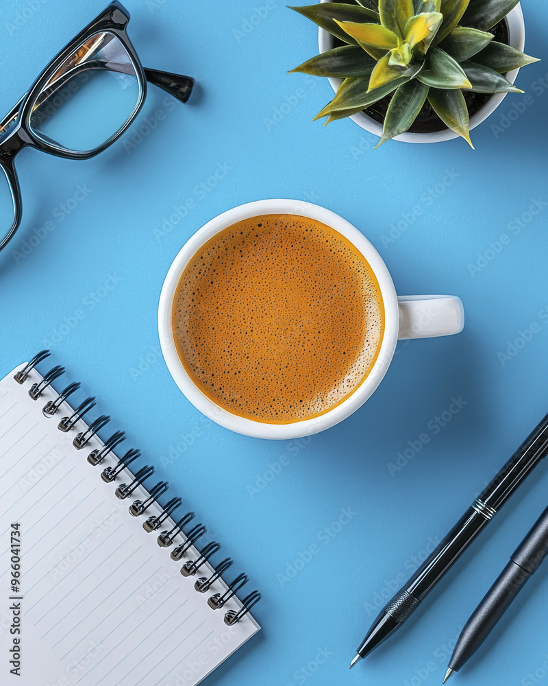 A cozy coffee setup with cup, notebook, and pens on blue desk A cozy coffee setup with cup, notebook, and pens on blue desk