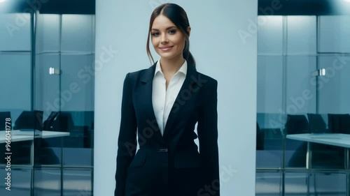 Wallpaper Mural Professional businesswoman in a sleek black suit, confidently walking through a modern office environment with glass walls. Elegant and poised demeanor. Torontodigital.ca