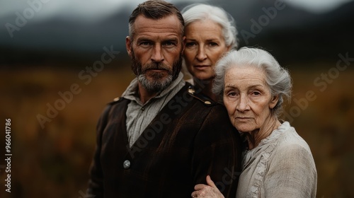 Three women of different generations stand closely together in a natural setting, showcasing the bonds and strength that connect a family across ages and experiences. photo