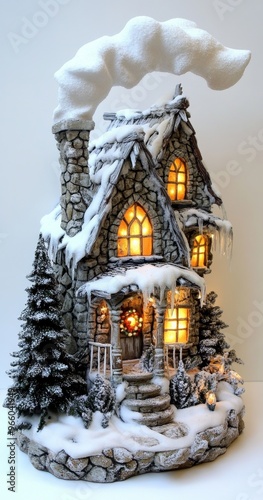 Charming snow-covered cottage adorned with festive decorations during winter ...