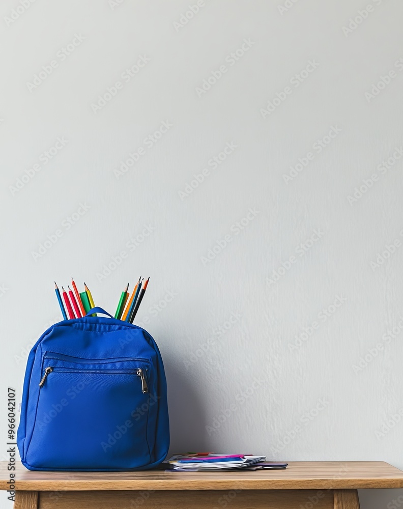 Blue Backpack with School Supplies on Wooden Table, High Resolution, Minimalistic Style, Copy Space for Text. AI generated illustration Blue Backpack with School Supplies on Wooden Table, High Resolution, Minimalistic Style, Copy Space for Text. AI generated illustration