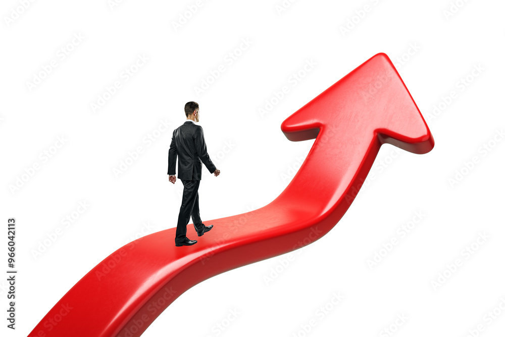 Businessman walking on a large red arrow pointing upward, against a white background. Concept of growth, success, and career progression Businessman walking on a large red arrow pointing upward, against a white background. Concept of growth, success, and career progression