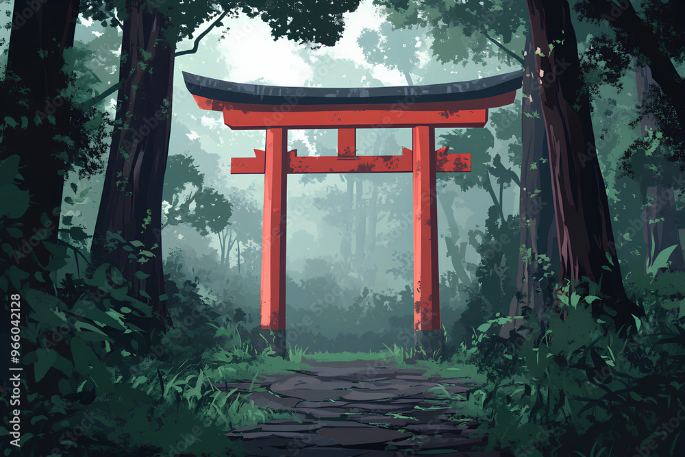 A serene forest scene featuring a traditional red Torii gate amidst lush greenery. A serene forest scene featuring a traditional red Torii gate amidst lush greenery.